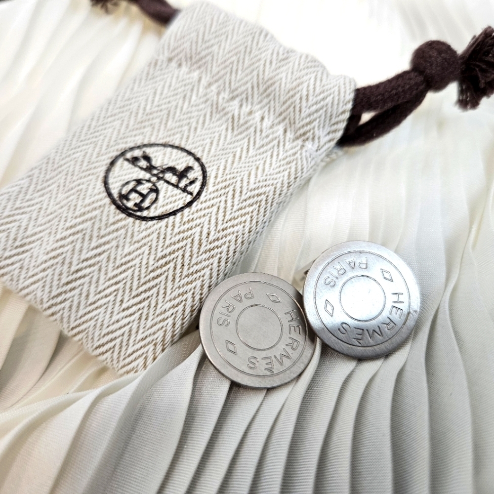 Hermes Vintage Clou de Selle Button Clip Earrings Matte Silver - Picture 1 of 9